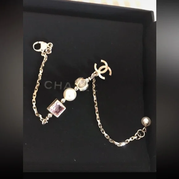 Chanel Gold-tone Chain Bracelet with Pink Crystal & Pearl Charm-NWOT-adjustable - Picture 6 of 10